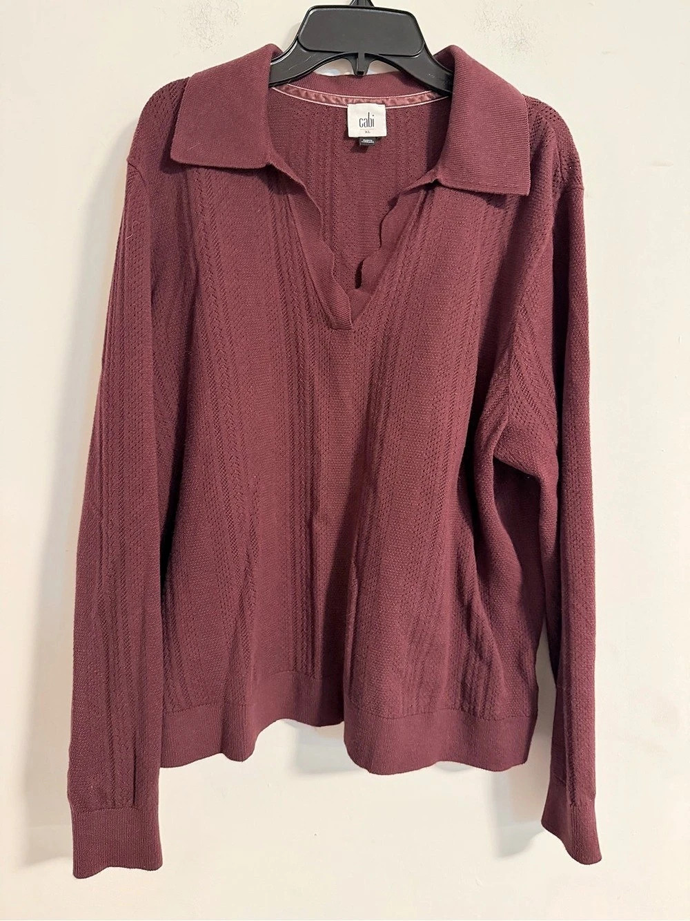 Cabi Purple Ribbed Knit Collared V-Neck Button Front Top Sweater Size XL